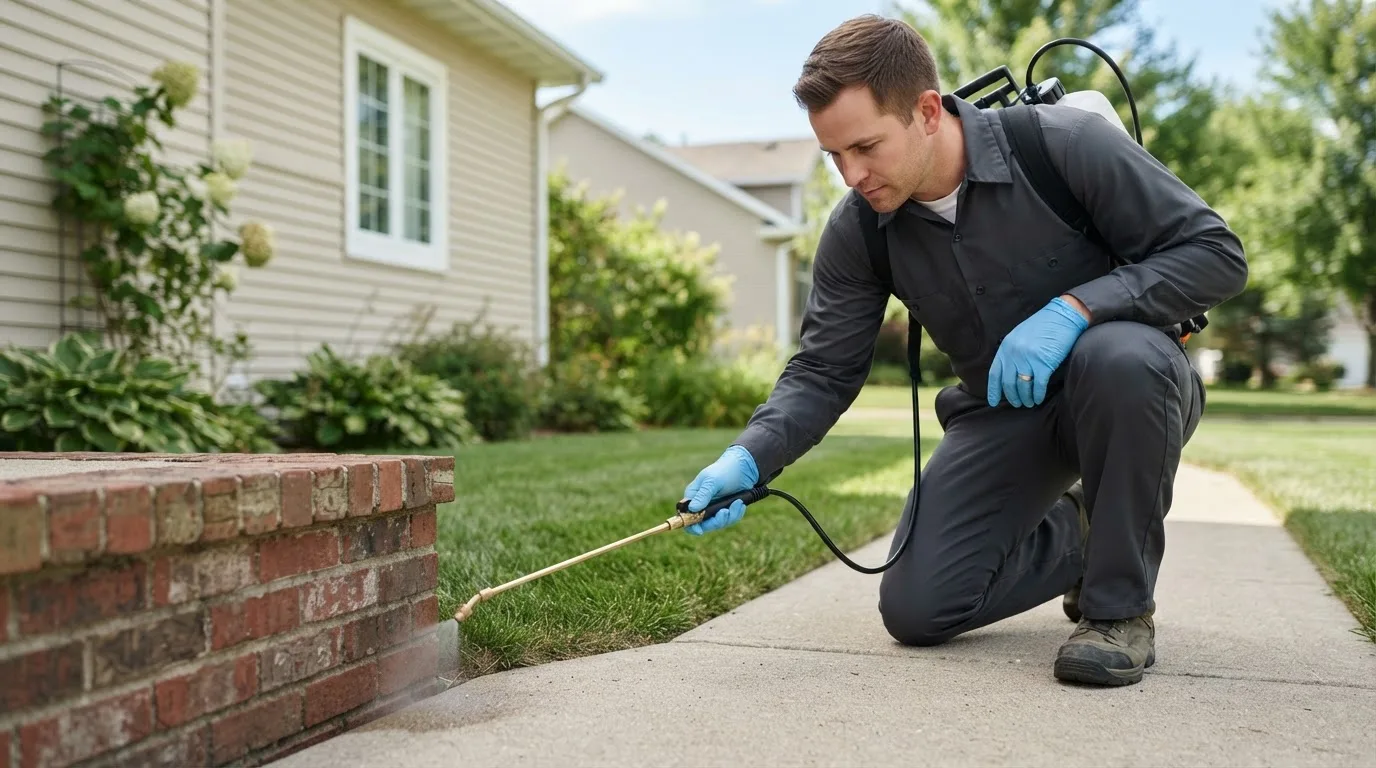 Pest control technician treating a home near Ohio City, OH